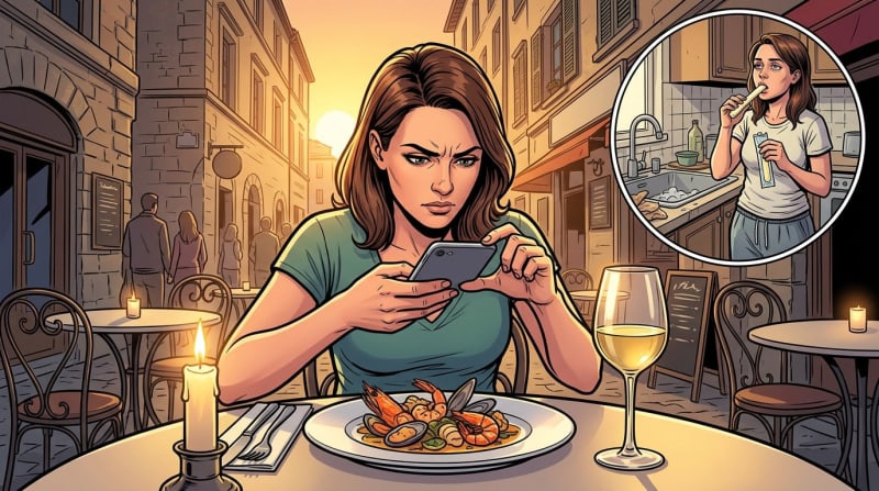 She has photographed every meal in Lisbon. At home she eats string cheese over the sink.
