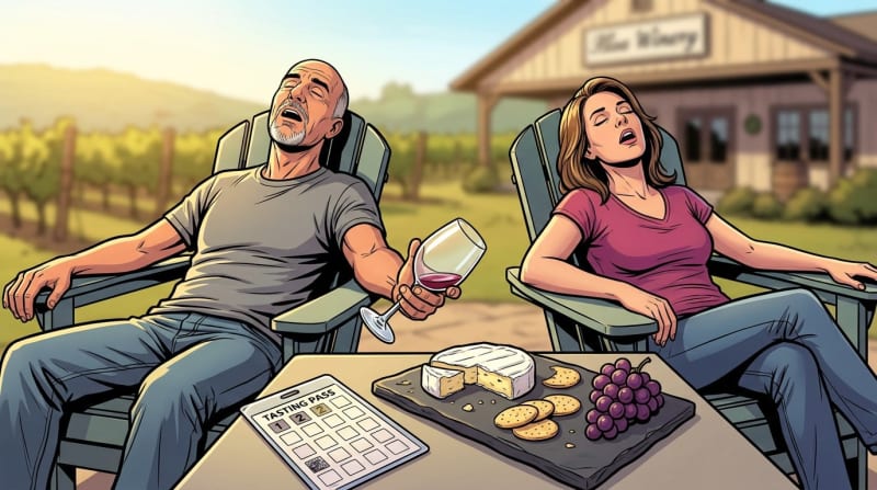 They bought the 19-winery pass. They made it to two. The cheese plate got them.