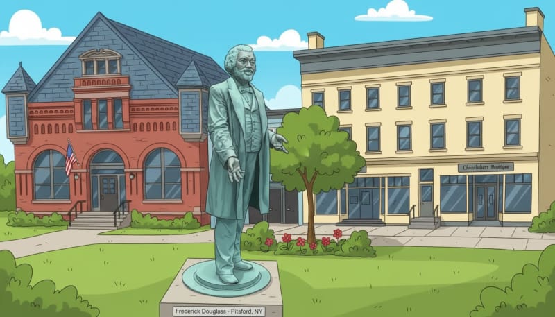 Frederick Douglass statue in downtown Pittsford, NY, surrounded by historic buildings and green space.