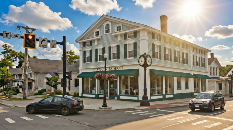 # Alt Text
Historic Town Center Shops building with green awning, clock tower, and street intersection on a sunny day.