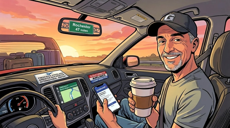 The airport is fifteen minutes from downtown. He drove ninety minutes to Buffalo to save forty dollars.