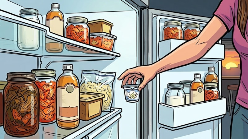 Four kinds of fermented foods in the door. She reaches past all of them for the vanilla yogurt, as she has always done.