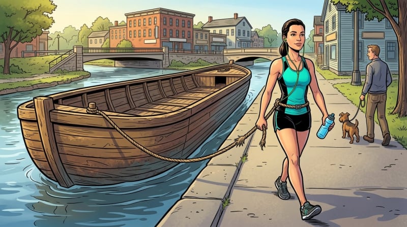 She walks the towpath every morning. She is finally doing it the traditional way.