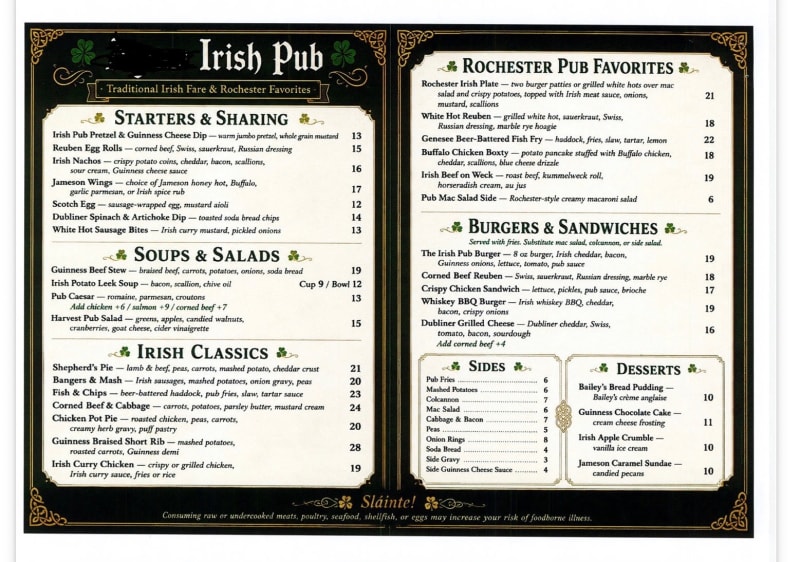 # Irish Pub Menu - Traditional Irish Fare & Rochester Favorites
Menu layout featuring starters, soups, Irish classics, burgers, sides, and desserts with prices.