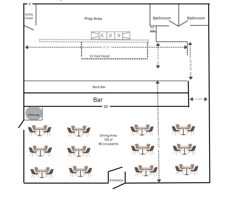 Floor plan of a restaurant showing dining area with seating for 48, bar, prep area, bathrooms, and kitchen facilities.