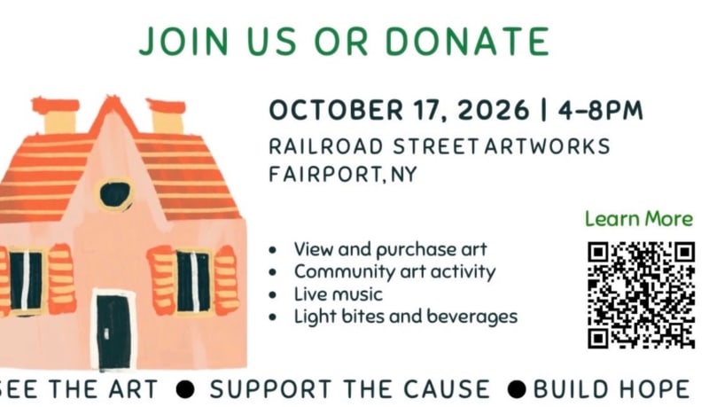 Join us or donate event flyer for October 17, 2026 at Railroad Street Artworks in Fairport, NY.