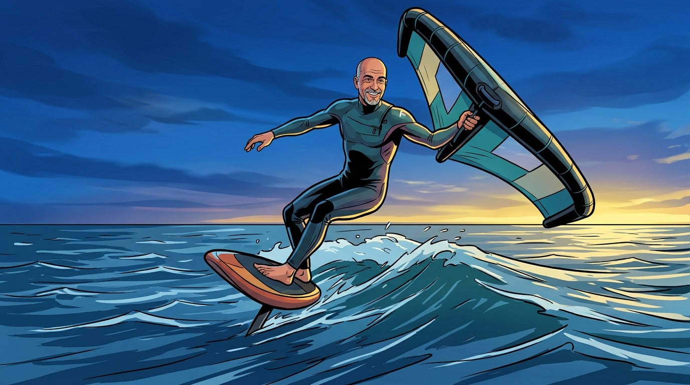 A kitesurfer riding a wave at sunset with a teal and white kite in dynamic action pose.