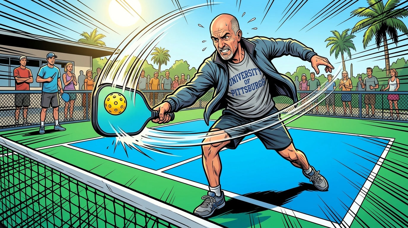 # Alt Text
A man in University of Pittsburgh gear hits a pickleball on an outdoor court with spectators watching in the background.