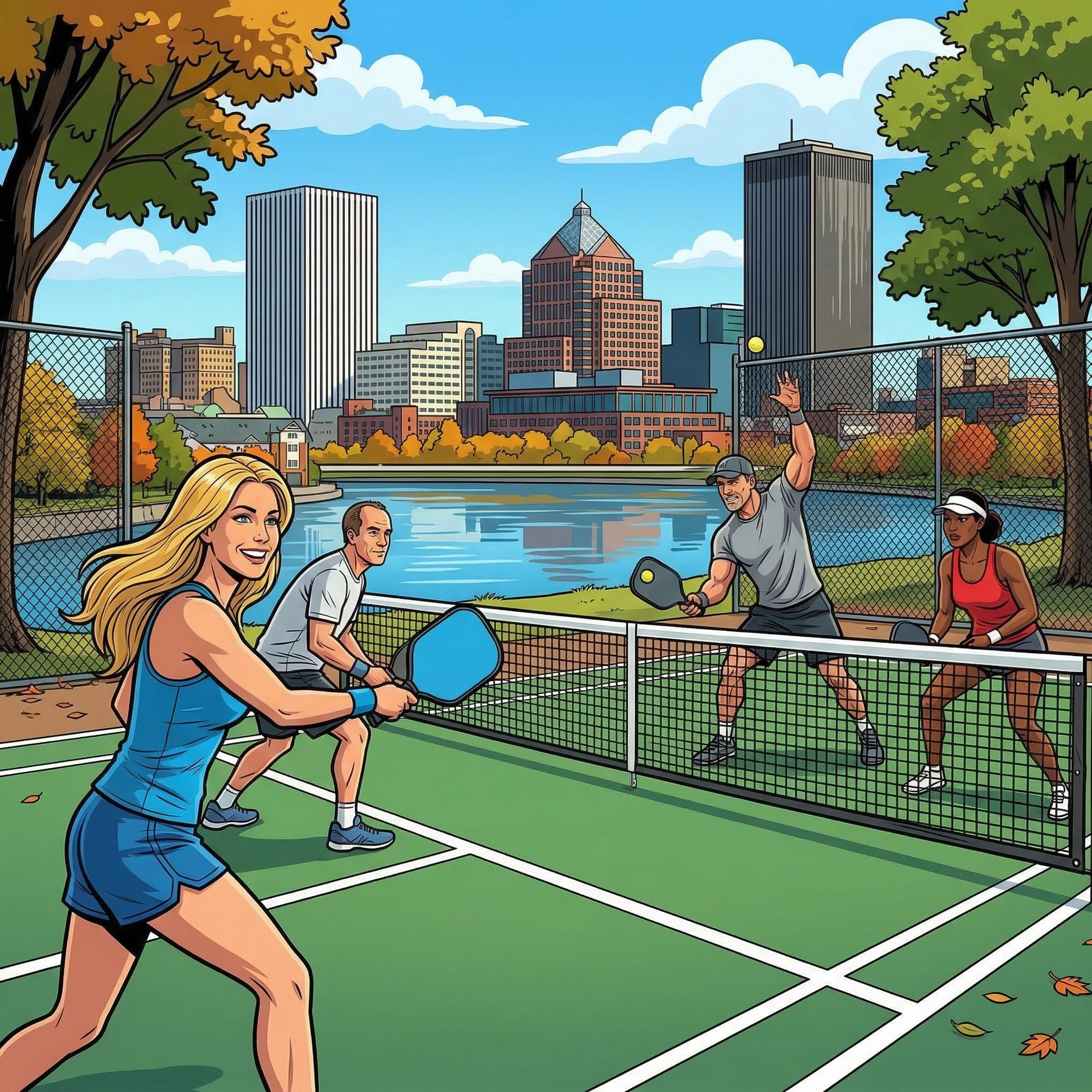 # Alt Text
Group of players enjoying a pickleball game on an outdoor court with a city skyline and river in the background.