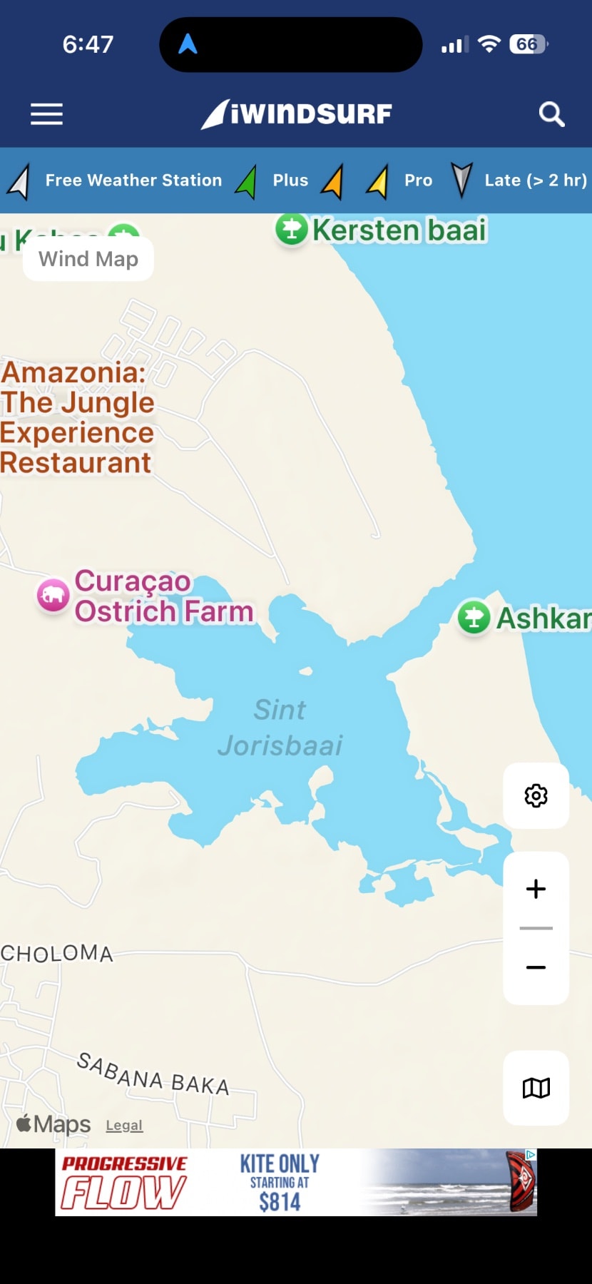 iWindsurf weather map showing Sint Jorisbaai and surrounding spots in Curaçao with wind conditions.