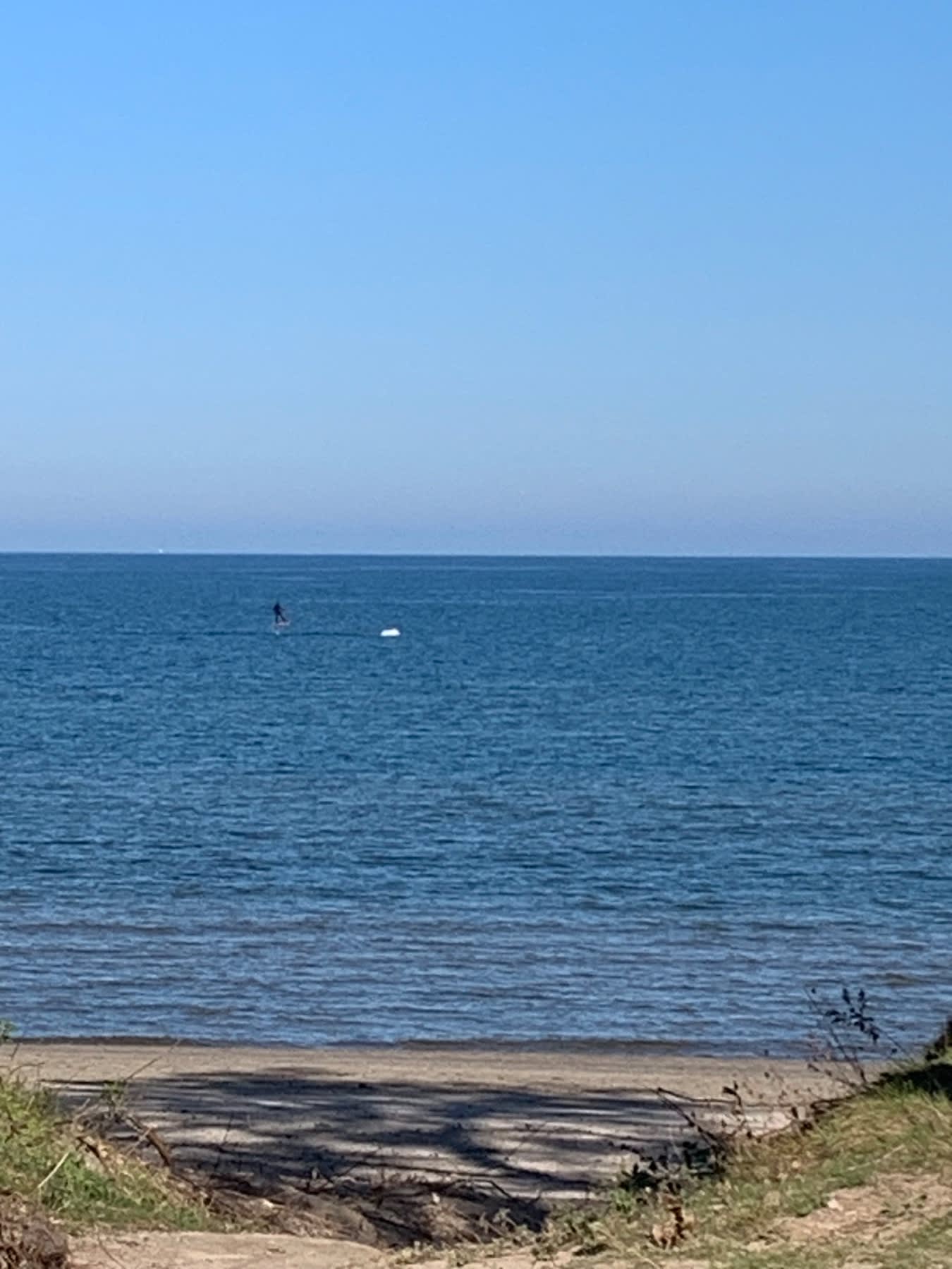 A lone swimmer wades in calm blue water off a sandy beach with driftwood and grass in the foreground.