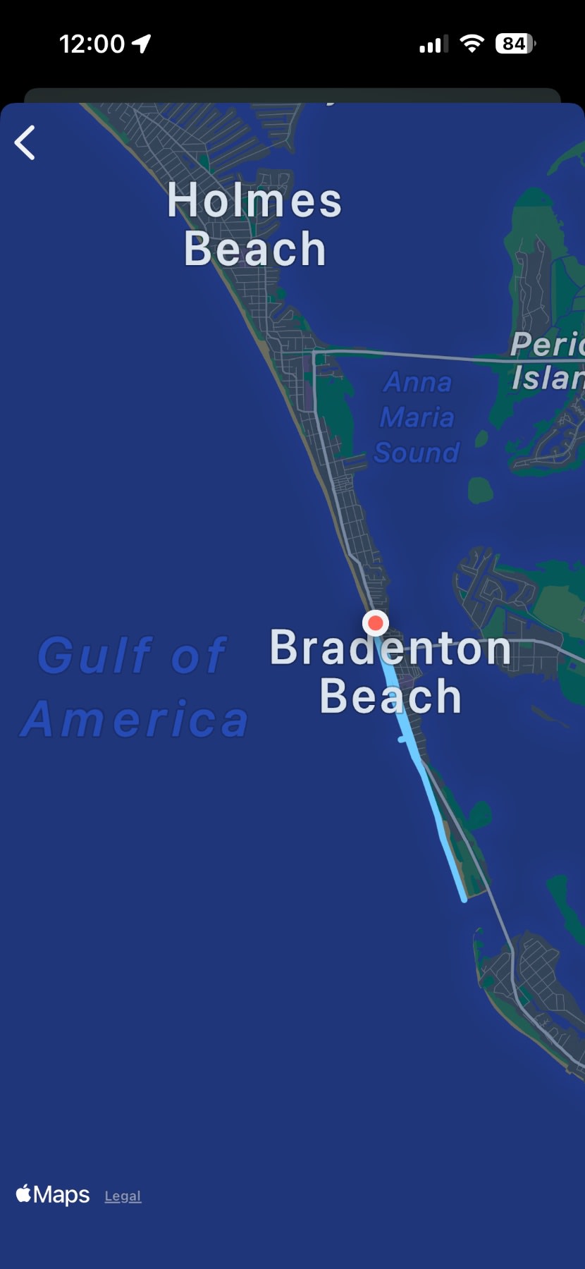 Map showing Holmes Beach and Bradenton Beach along Florida's Gulf Coast with Anna Maria Sound to the east.