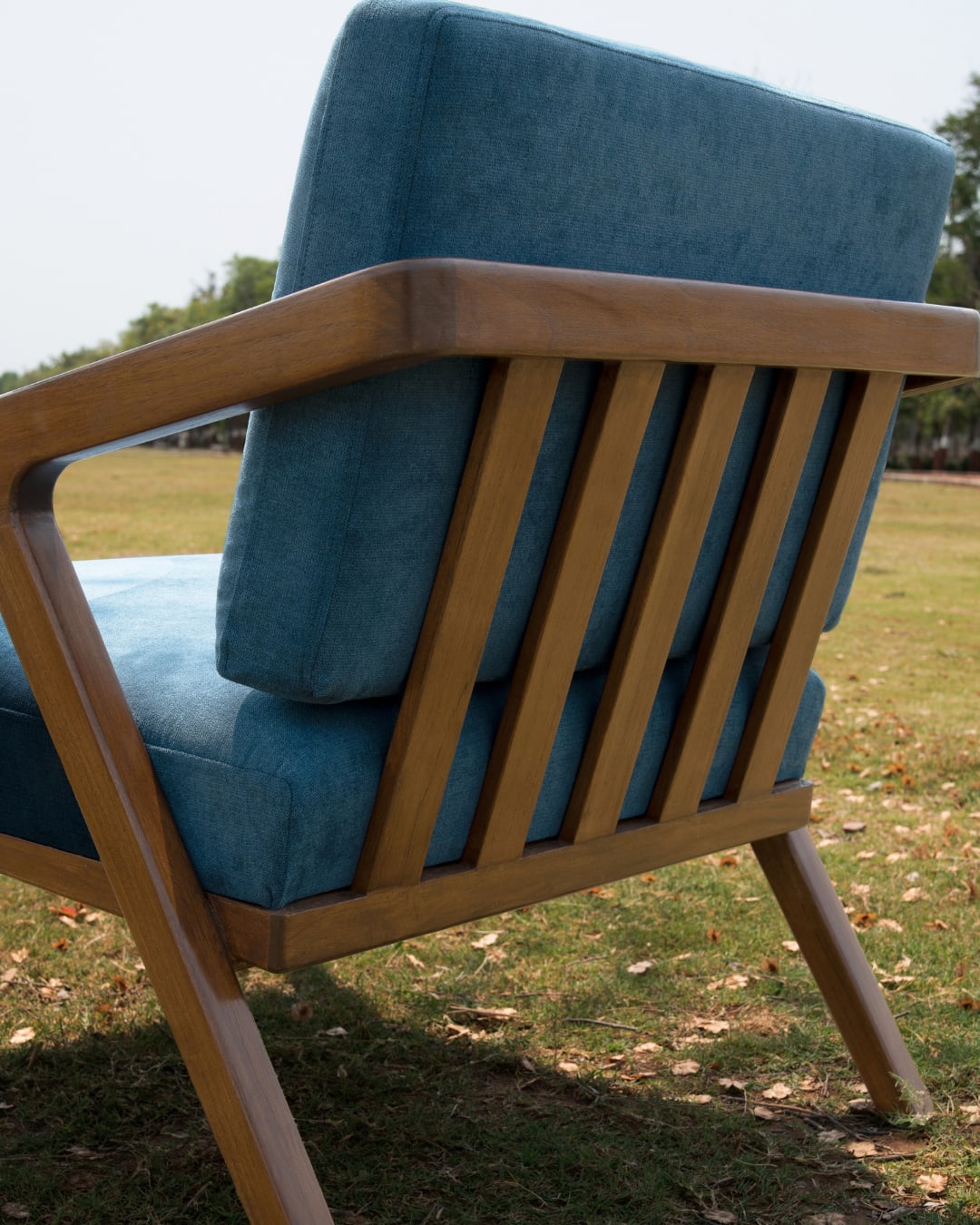 Mid-Century Modern Wooden Accent Armchair in Teal Blue — 3