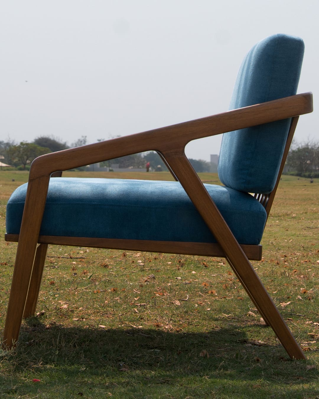 Mid-Century Modern Wooden Accent Armchair in Teal Blue — 1