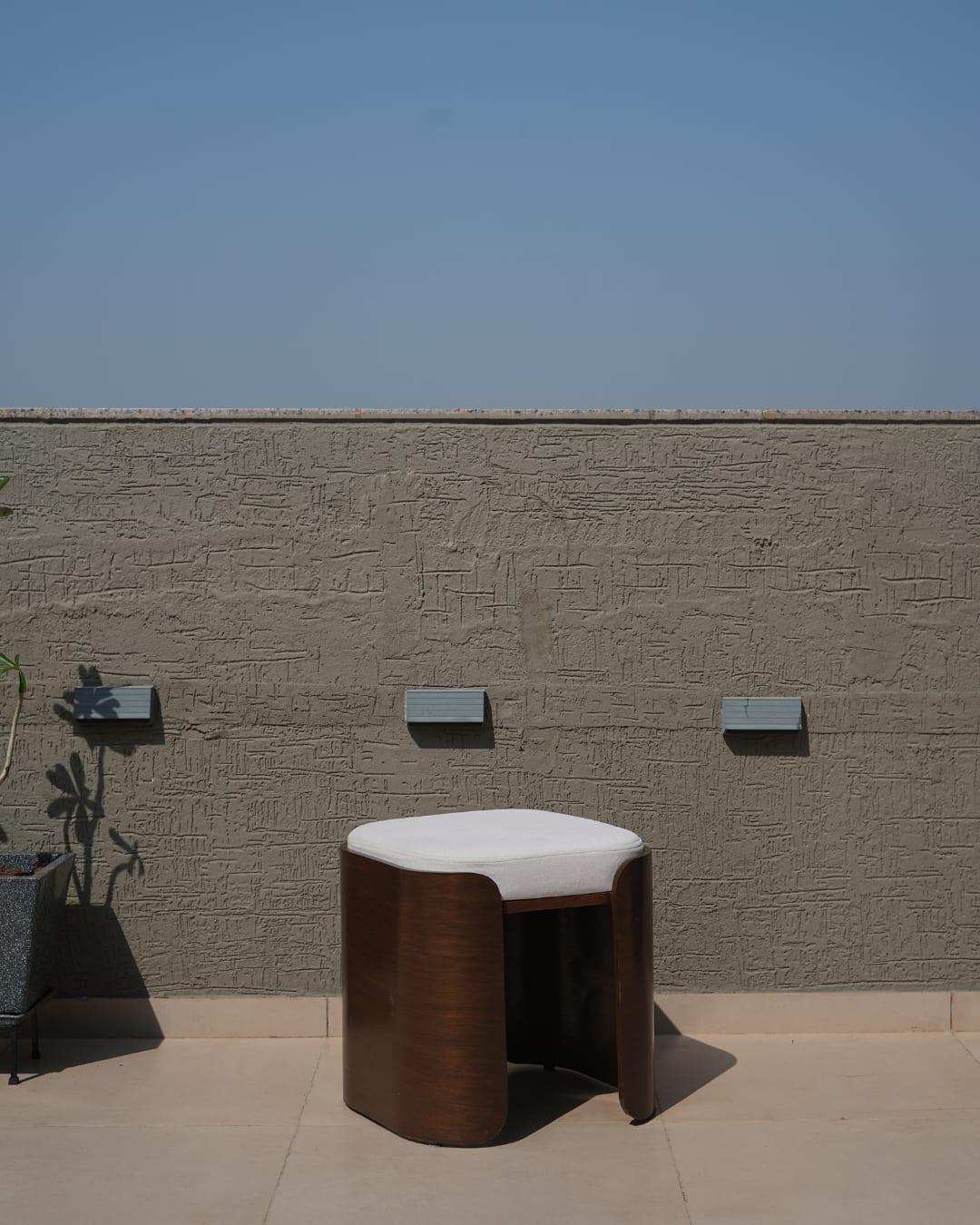 Curved Wood Panel Upholstered Stool — 2