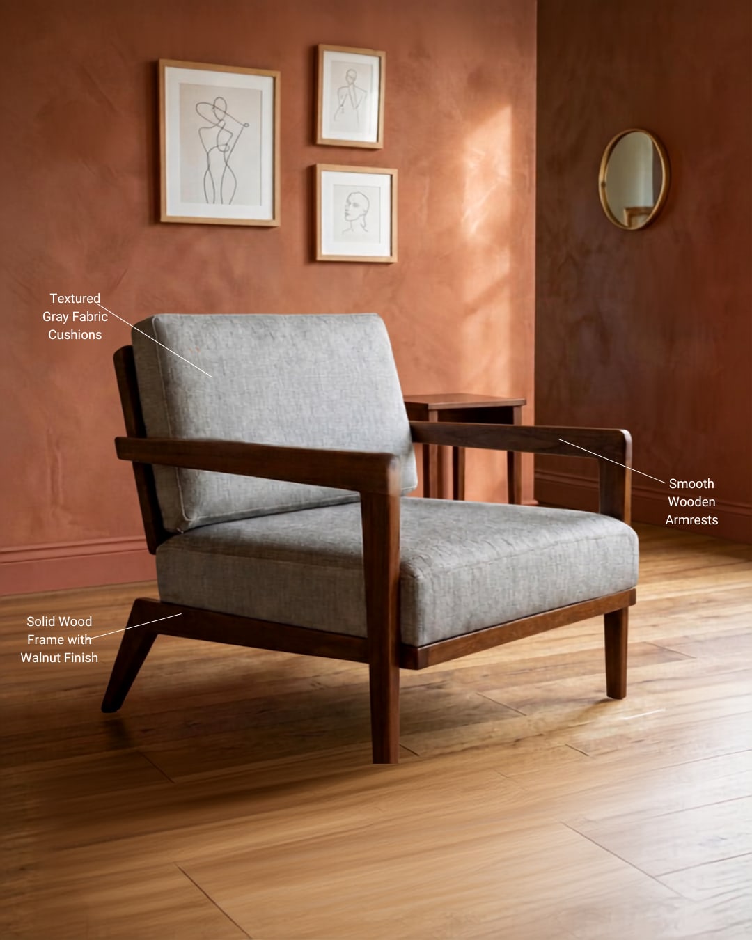 Mid-Century Modern Wooden Accent Armchair in Light Gray — 2