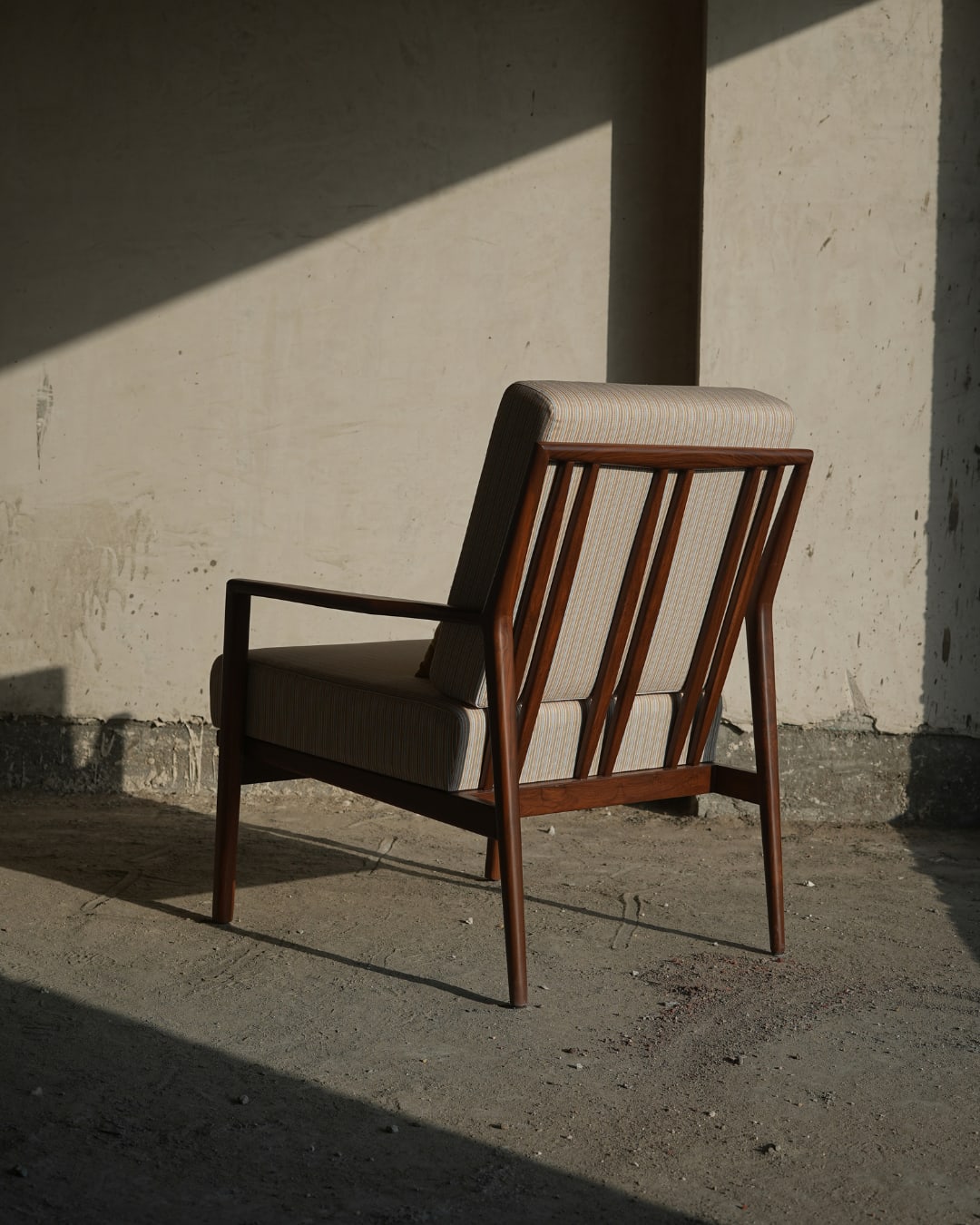 Mid-Century Modern Wooden Accent Armchair in Striped Beige — 3
