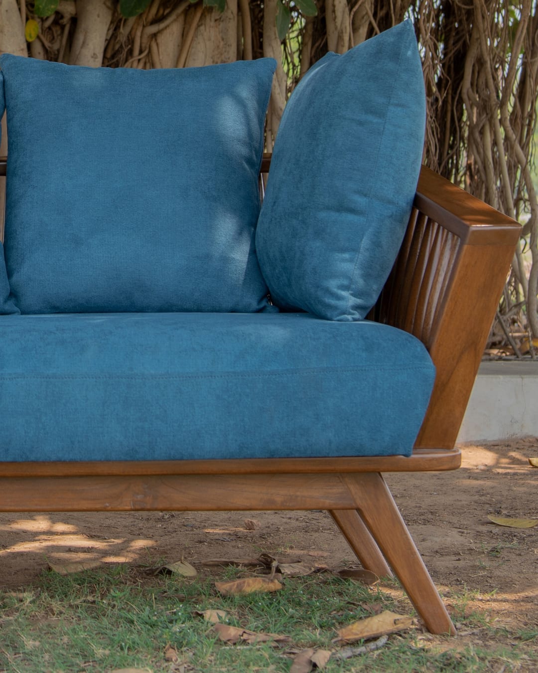 Mid-Century Modern Wooden Slatted Sofa with Blue Upholstery — 3