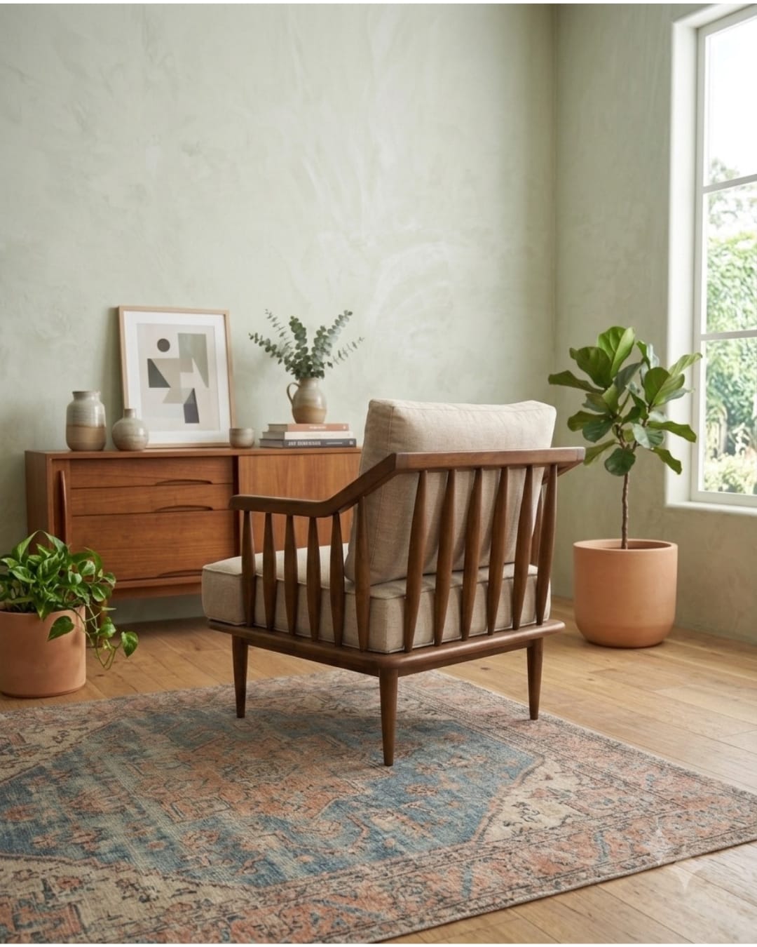 Mid-Century Modern Wooden Spindle Accent Armchair in Beige — 2