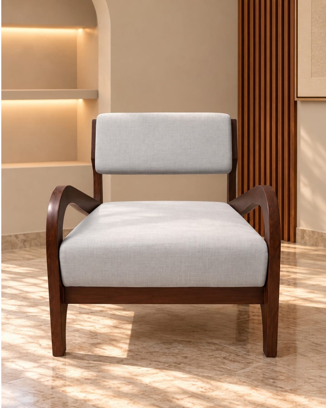 Modern Sculptural Wooden Armchair in Light Gray Upholstery — 3