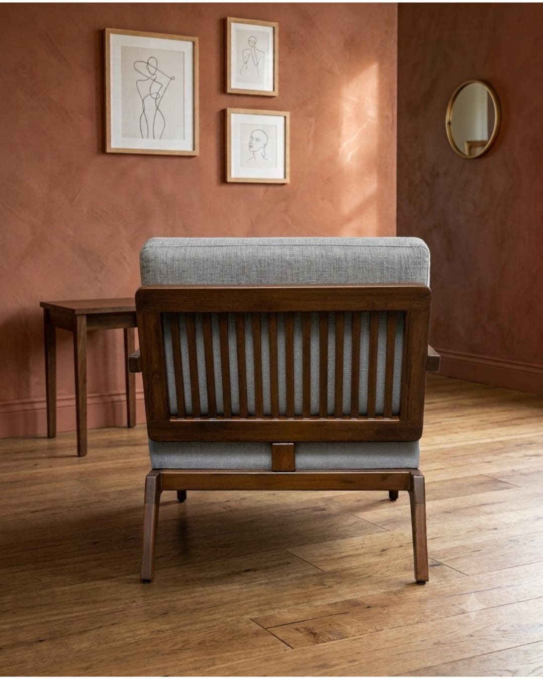 Mid-Century Modern Wooden Accent Armchair in Light Gray — 3