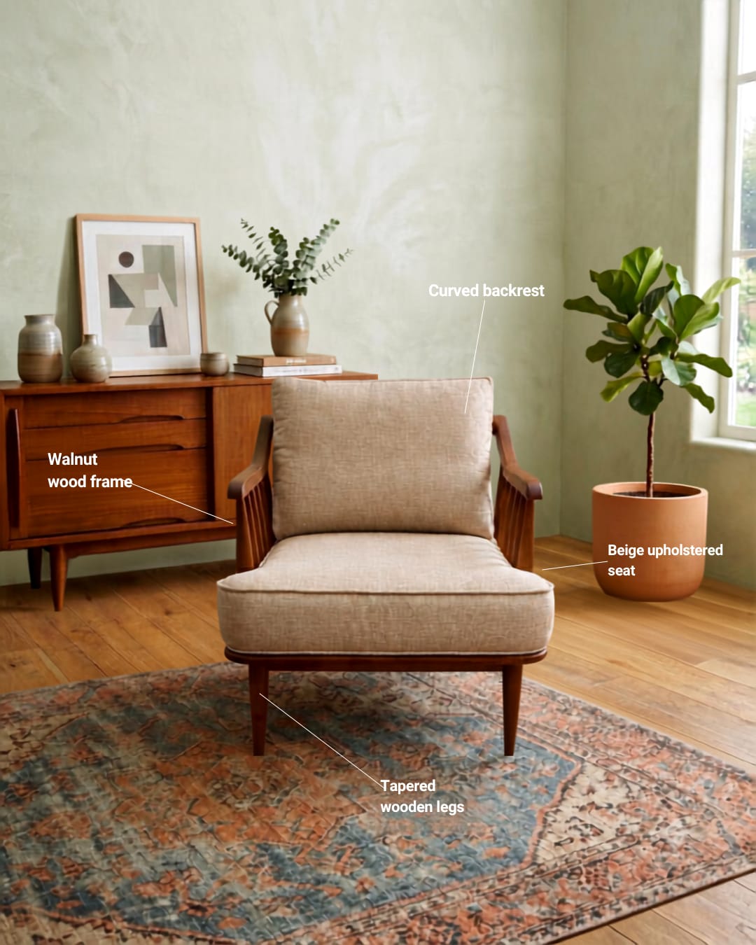 Mid-Century Modern Wooden Spindle Accent Armchair in Beige — 3