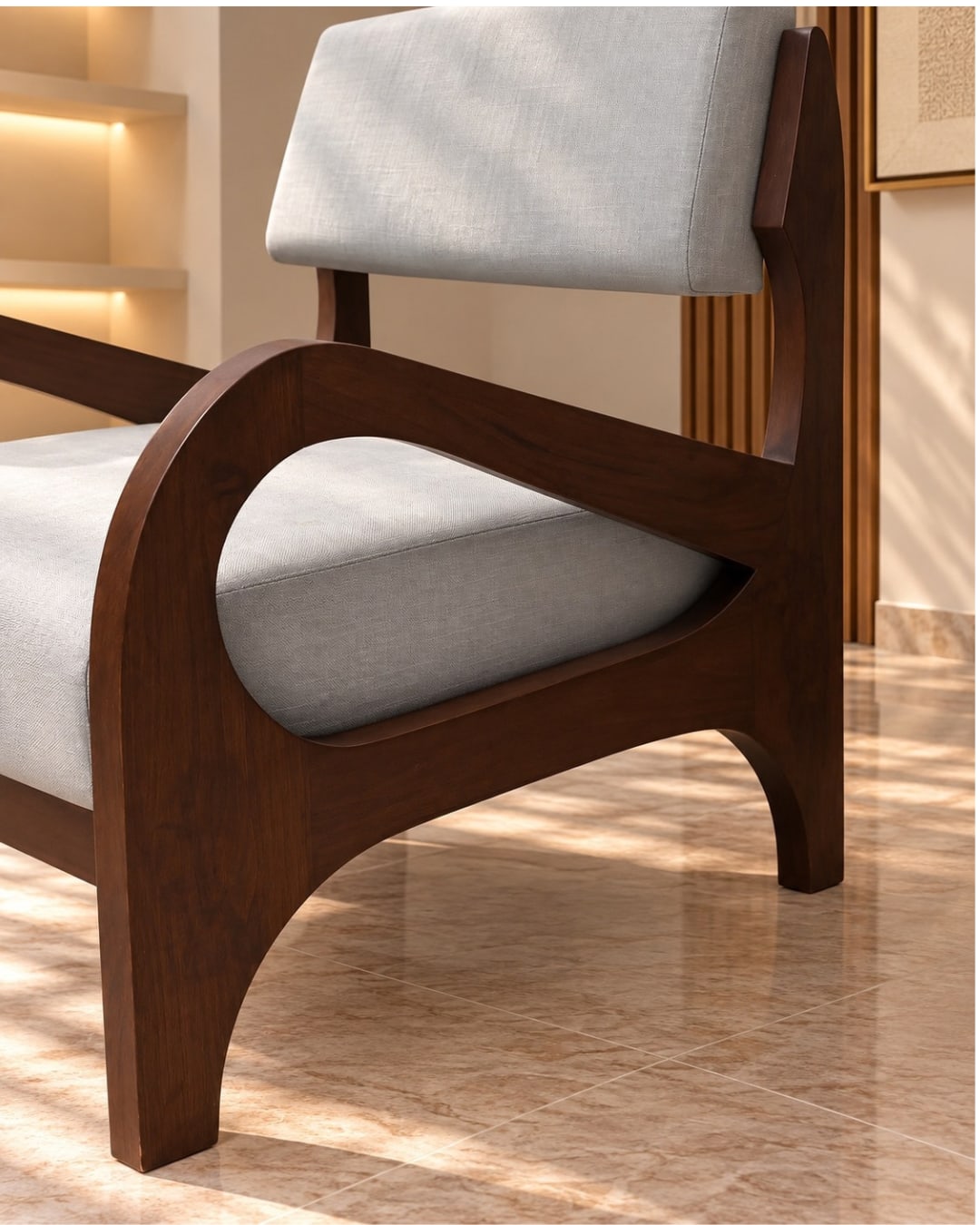 Modern Sculptural Wooden Armchair in Light Gray Upholstery — 1