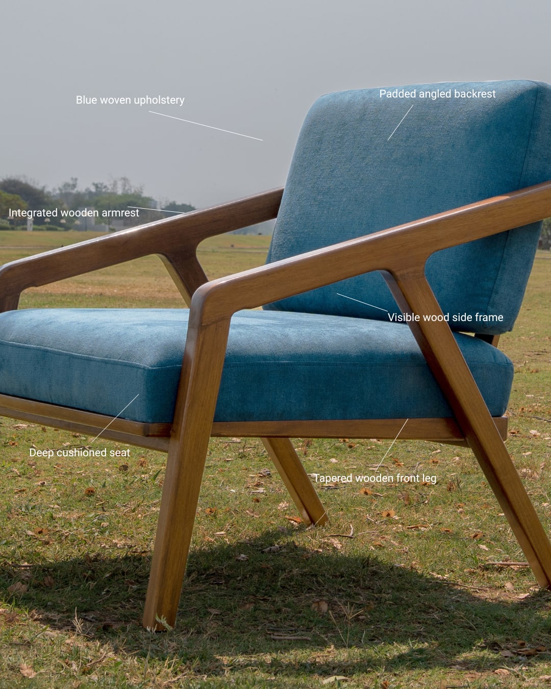 Mid-Century Modern Wooden Accent Armchair in Teal Blue — 2