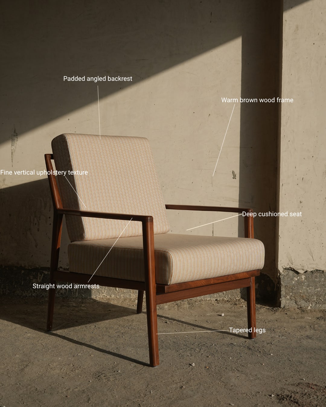 Mid-Century Modern Wooden Accent Armchair in Striped Beige — 2