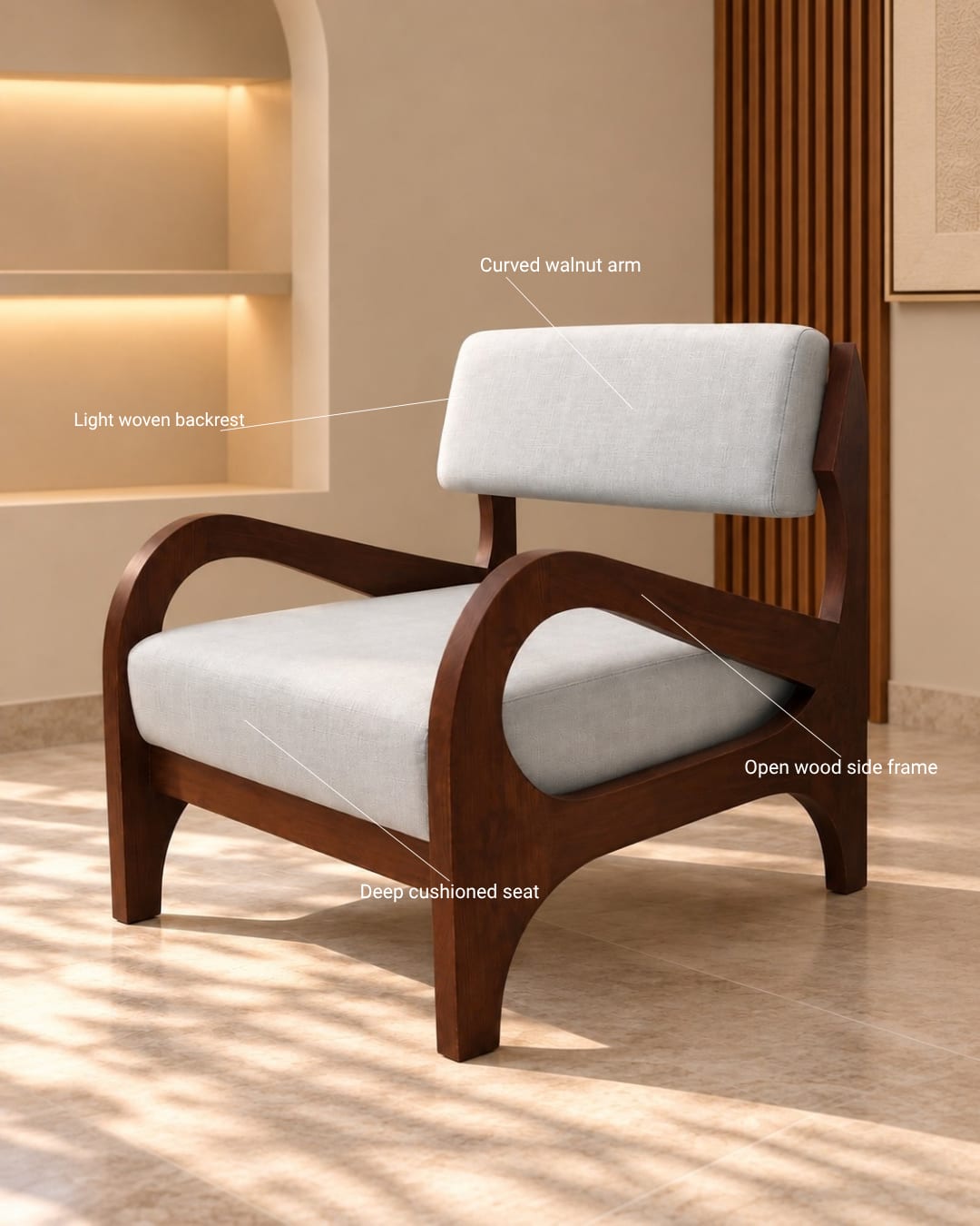 Modern Sculptural Wooden Armchair in Light Gray Upholstery — 2