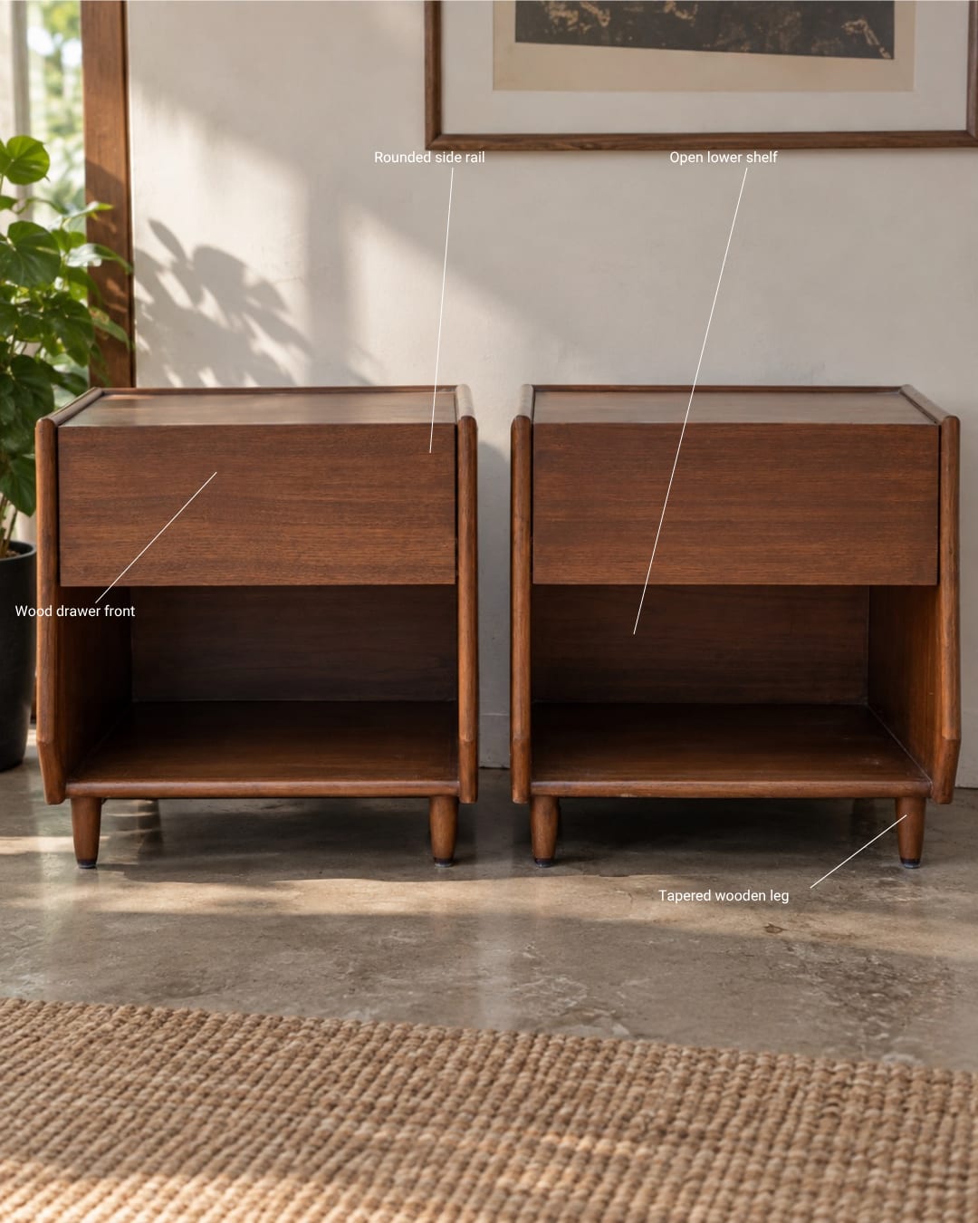 Mid-Century Wooden Nightstand with Open Lower Shelf — 2