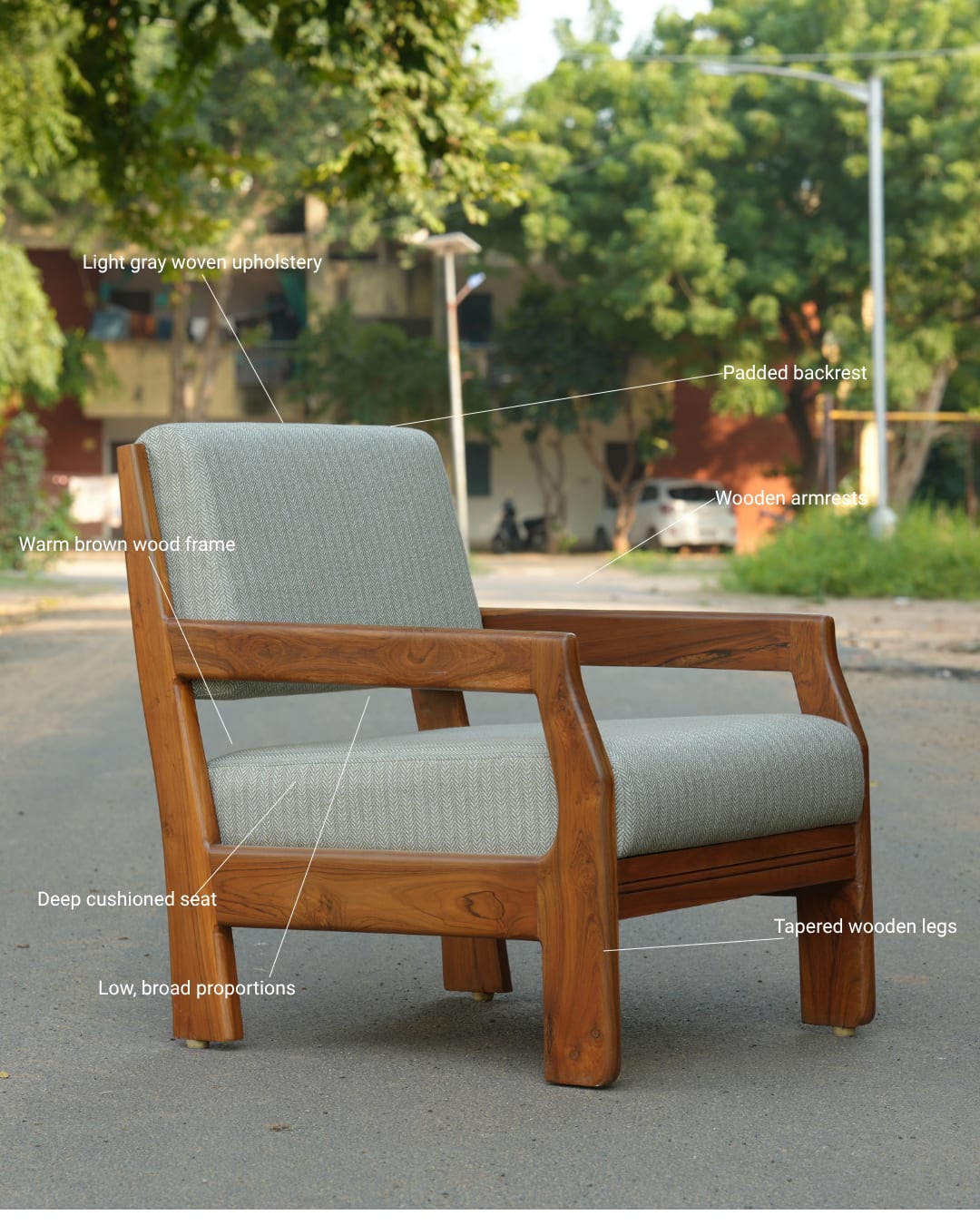 Contemporary Wooden Low Lounge Accent Chair in Herringbone Gray — 3