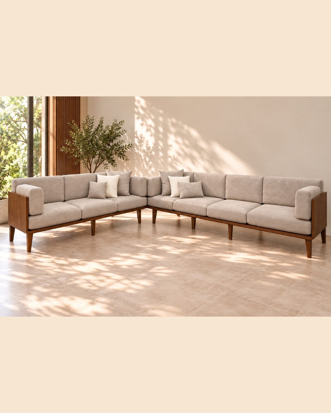 Modular Wooden L-Shape Sectional Sofa in Beige Upholstery — 2