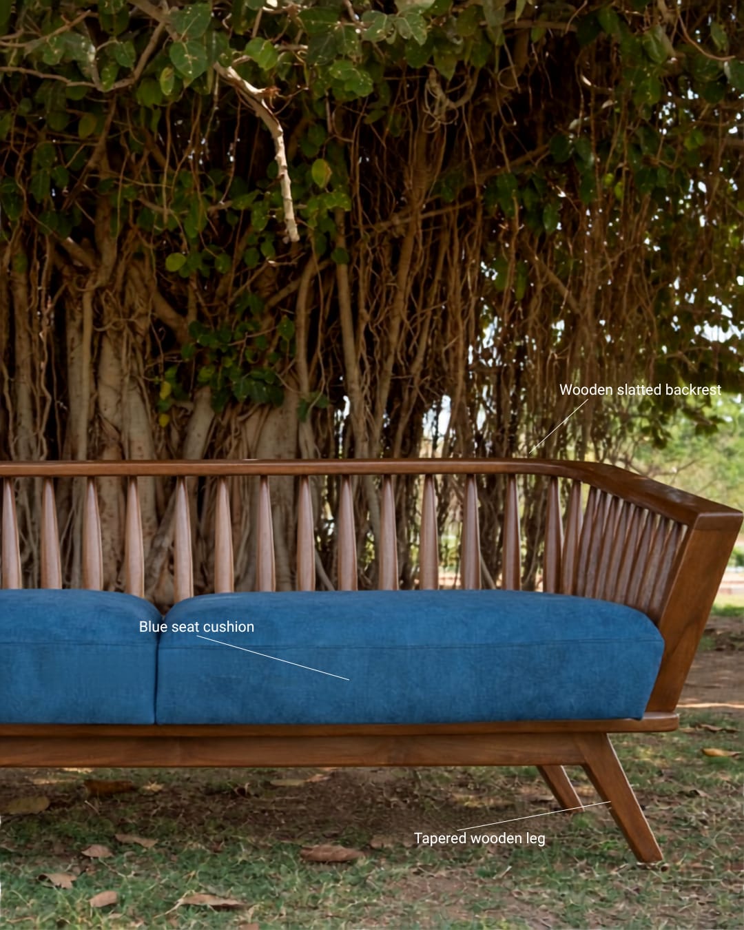 Mid-Century Modern Wooden Slatted Sofa with Blue Upholstery — 2