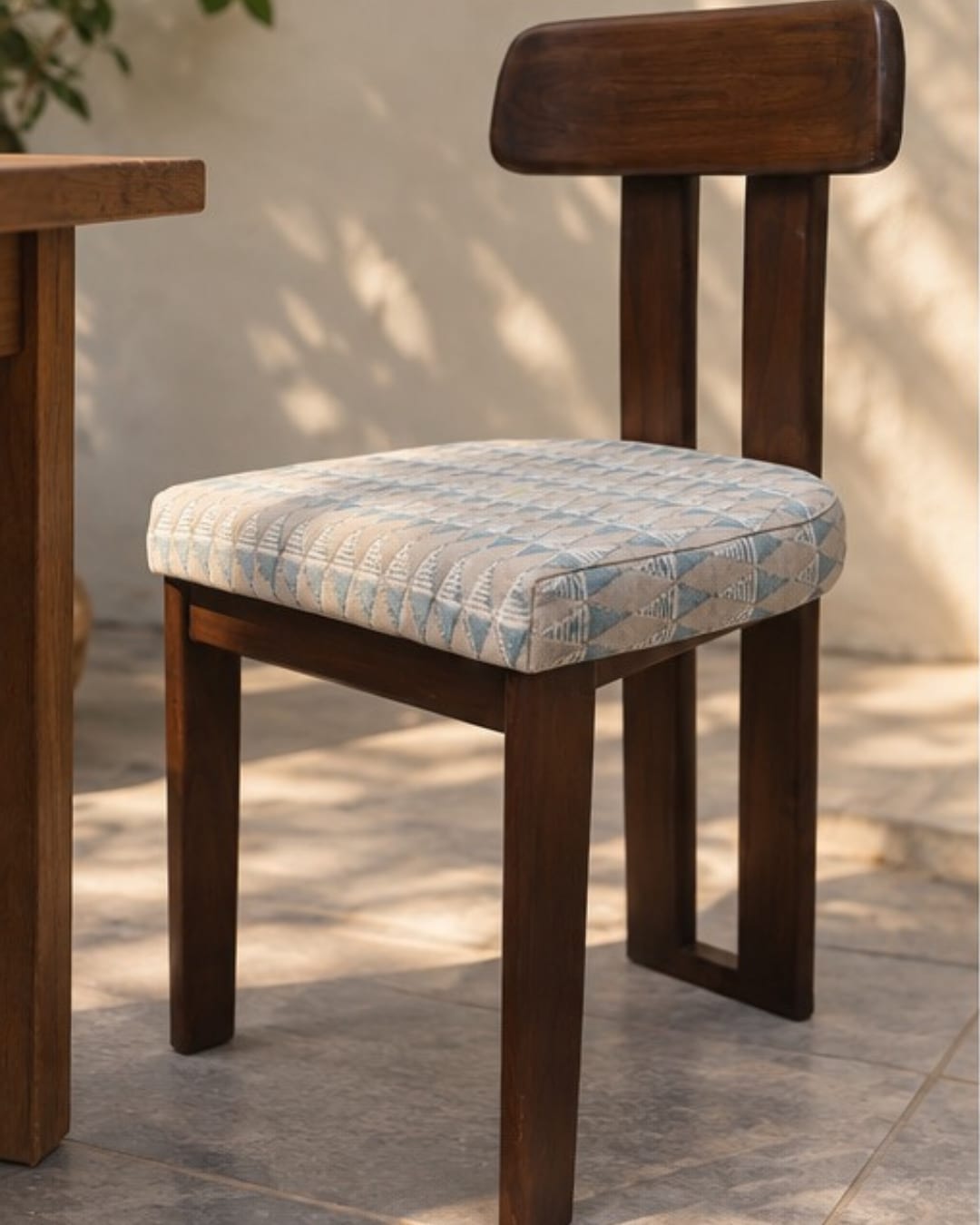 Sculptural Wooden Chair with Geometric Patterned Seat — 1