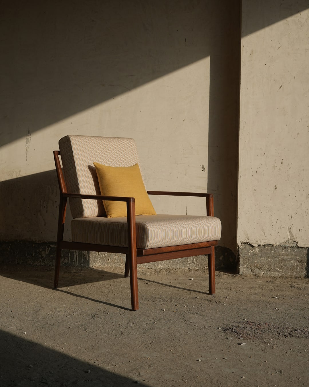 Mid-Century Modern Wooden Accent Armchair in Striped Beige — 1