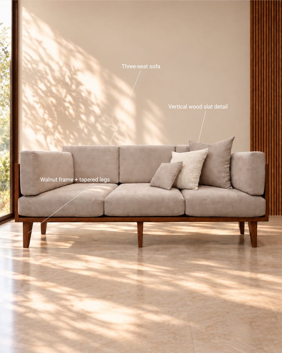 Modular Wooden L-Shape Sectional Sofa in Beige Upholstery — 3