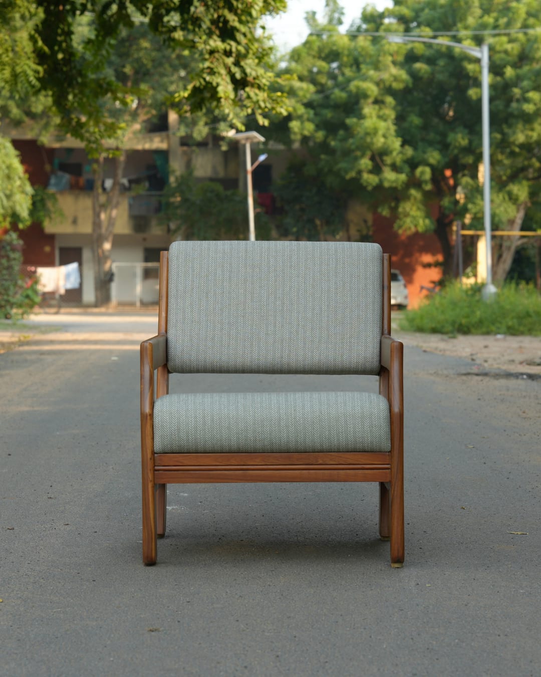 Contemporary Wooden Low Lounge Accent Chair in Herringbone Gray — 2