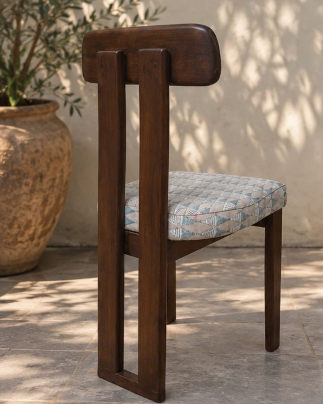 Sculptural Wooden Chair with Geometric Patterned Seat — 3