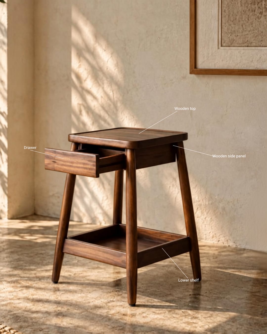 Mid-Century Modern Wooden Side Table with Drawer & Lower Shelf — 3