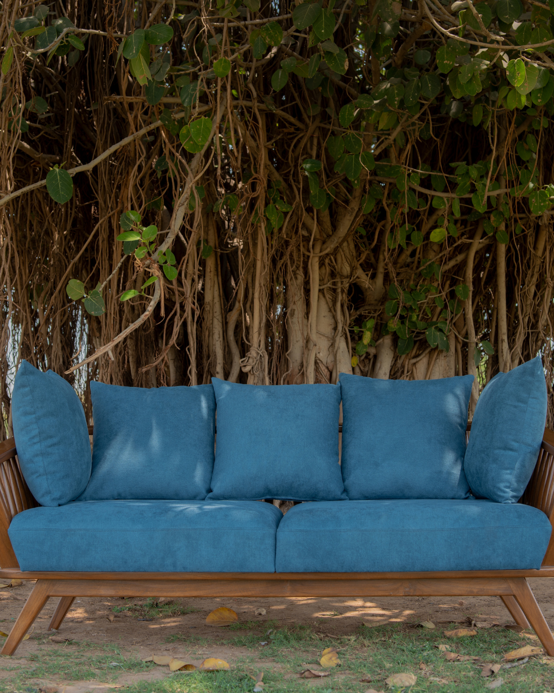 Mid-Century Modern Wooden Slatted Sofa with Blue Upholstery — Sofas & Seating