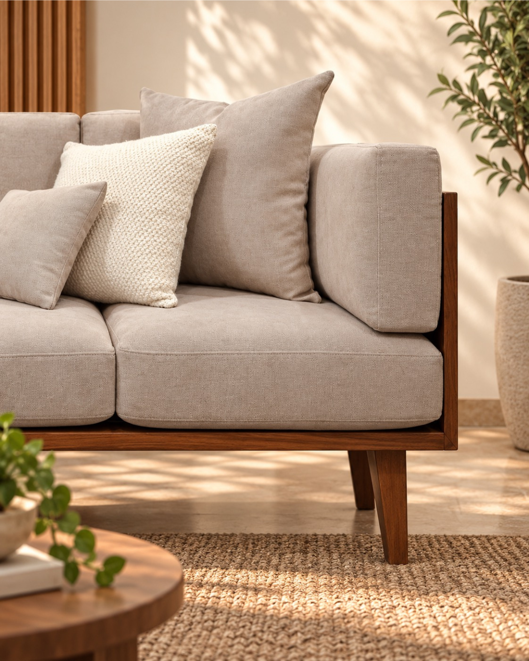 Modular Wooden L-Shape Sectional Sofa in Beige Upholstery — Sofas & Seating
