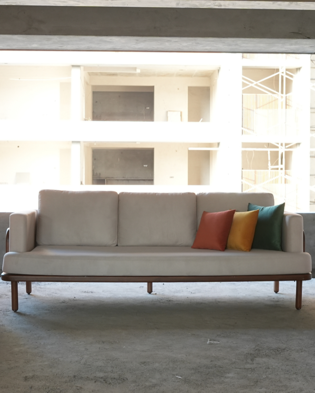 Modern Low-Profile Wooden Frame Sofa with Light Beige Upholstery — Sofas & Seating