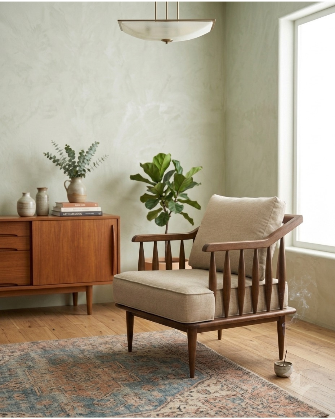 Mid-Century Modern Wooden Spindle Accent Armchair in Beige — Sofa Chair