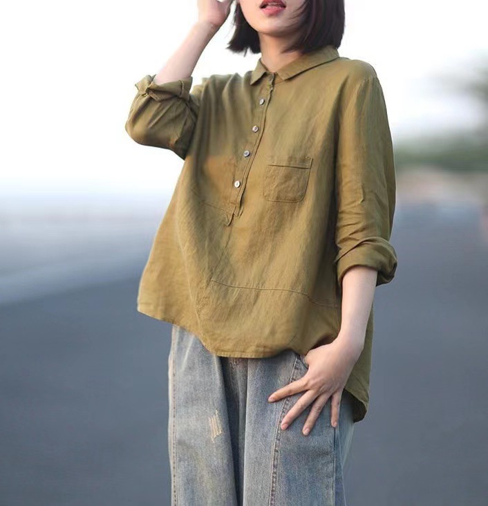 Casual Loose Solid Color Linen Shirt For Women