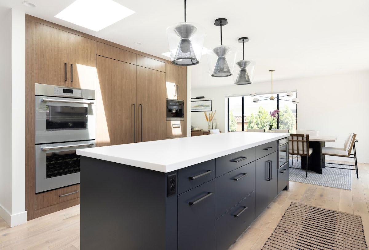 Modern bungalow kitchen remodel with center island.