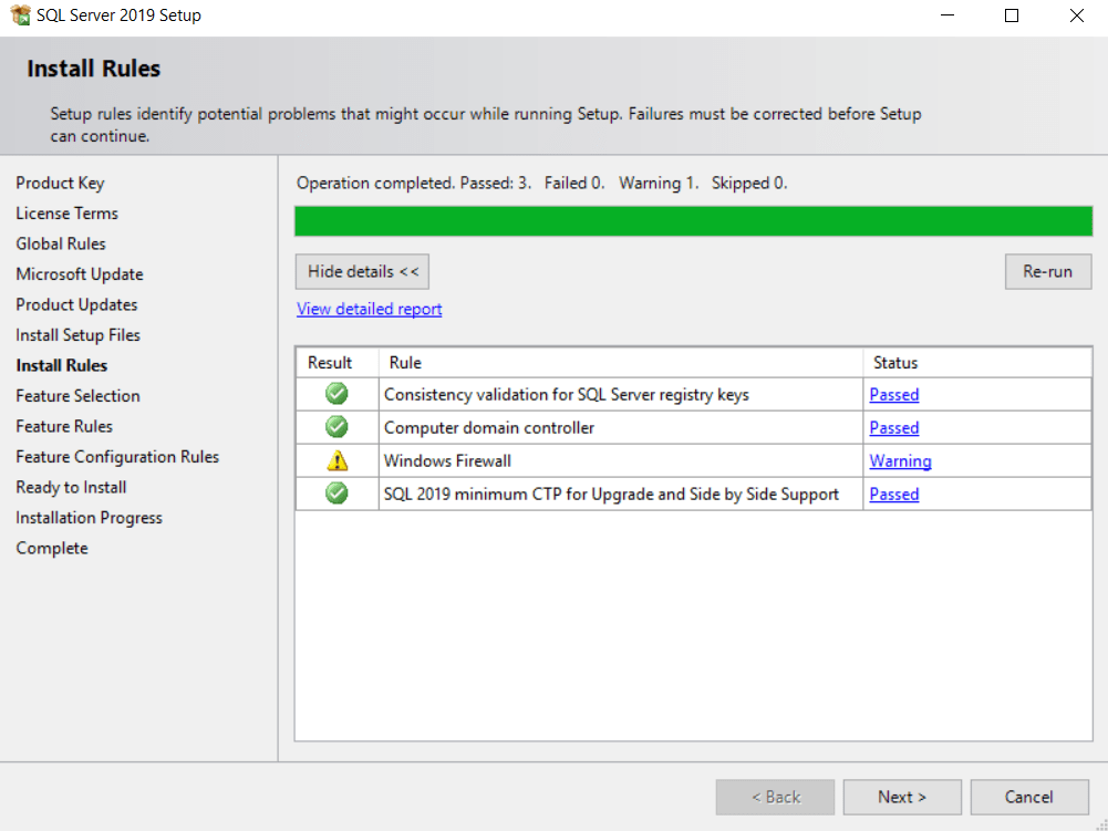 SQL Server Setup Window > Install Rules