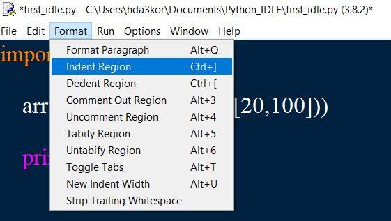 python indent block of text idle