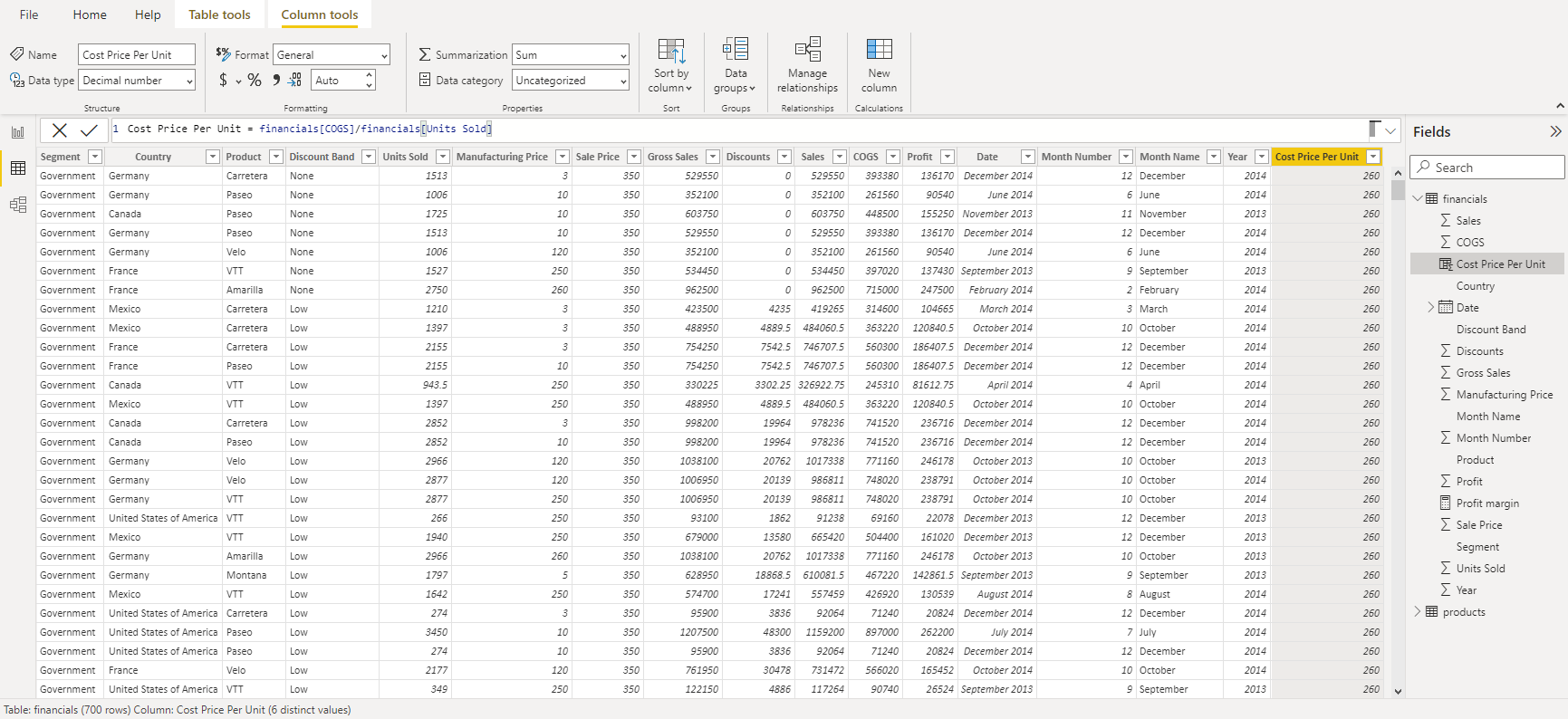 Power BI Calculated Column Screen Shot