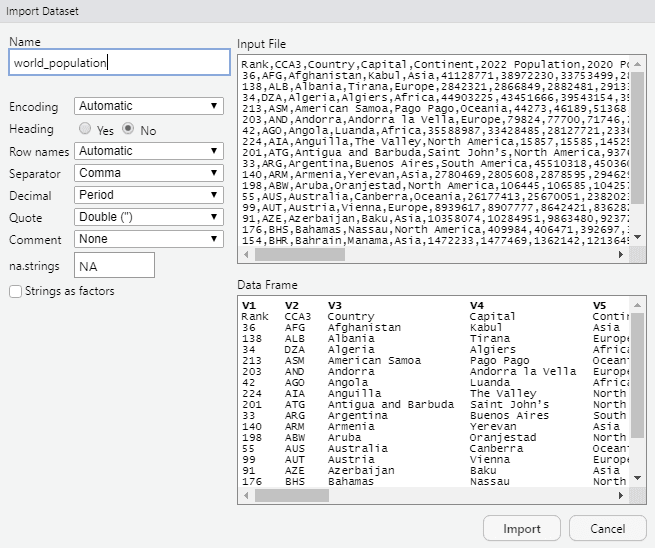 RStudio 가져온 데이터 집합